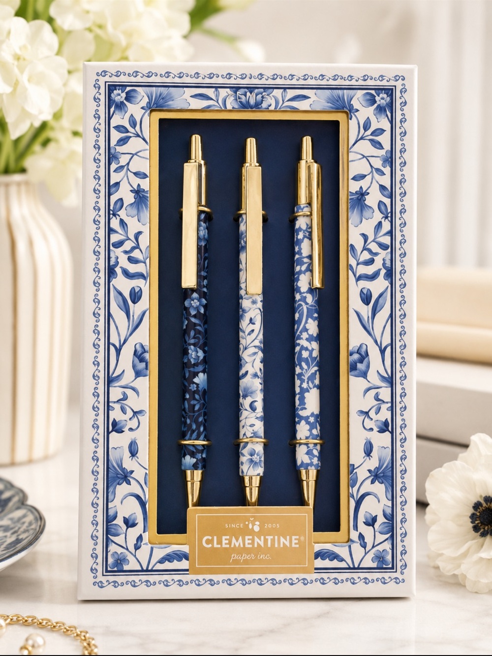 Clementine Blue Floral Ballpoint Pen Set - 3 Pack